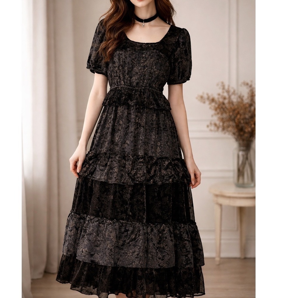 Victoria Dunn Black Gold Velvet Floral Tiered Maxi Dress XS Cottagecore Goth r1
